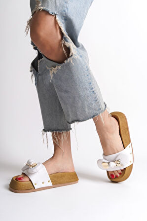 JET-DILA Kalın ve Ortopedik Taban Ayıcıklı Saten Kadın Terlik  SKT - Beyaz