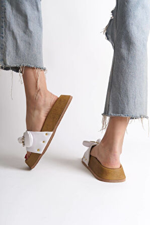 JET-DILA Kalın ve Ortopedik Taban Ayıcıklı Saten Kadın Terlik  SKT - Beyaz