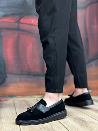 ET0005 Bağcıksız Yüksek Taban Siyah Kemerli Klasik Püsküllü Corcik Erkek Ayakkabı