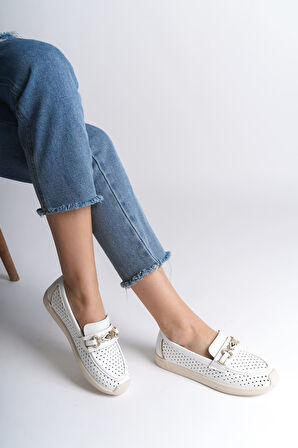 JET-LILY Bağcıksız Ortopedik Rahat Taban Kalp Desenli Kadın Babet Ayakkabı  CKT - Beyaz