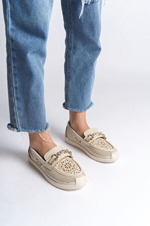 JET-LILY Bağcıksız Ortopedik Rahat Taban Çiçek Desenli Kadın Babet Ayakkabı CKT - Krem