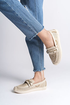 JET-LILY Bağcıksız Ortopedik Rahat Taban Çiçek Desenli Kadın Babet Ayakkabı CKT - Krem