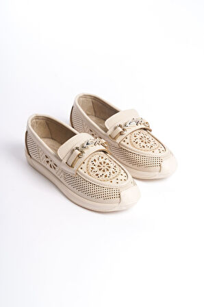 JET-LILY Bağcıksız Ortopedik Rahat Taban Çiçek Desenli Kadın Babet Ayakkabı CKT - Krem