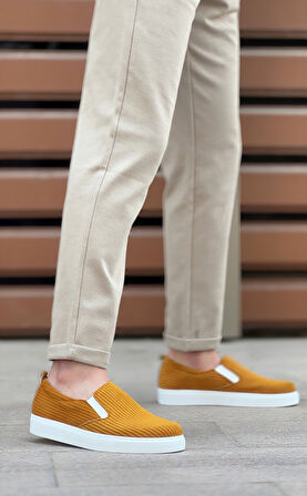 ET0339 Bağcıksız Kadife Hardal Beyaz Taban Günlük Erkek Ayakkabı