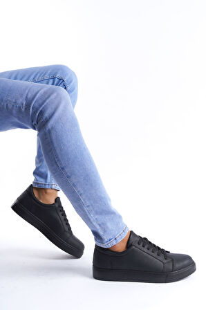 ET165 Elite Bağcıklı Cilt Erkek Günlük Sneaker Ayakkabı ST - Siyah