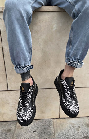 ET0802 Gotik Desenli Siyah Yüksek Taban Erkek Günlük Ayakkabı