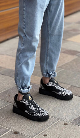 ET0802 Gotik Desenli Siyah Yüksek Taban Erkek Günlük Ayakkabı