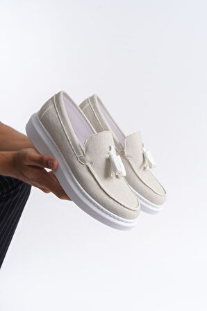 ET154 Blaze Bağcıksız Püsküllü Keten Erkek Günlük Spor Klasik Ayakkabı BT - Beyaz