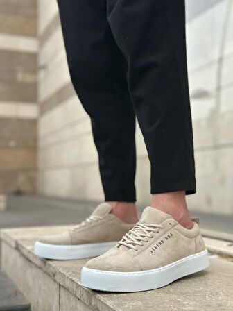 ET0104 Bağcıklı Krem Süet Beyaz Taban Spor Klasik Erkek Ayakkabı