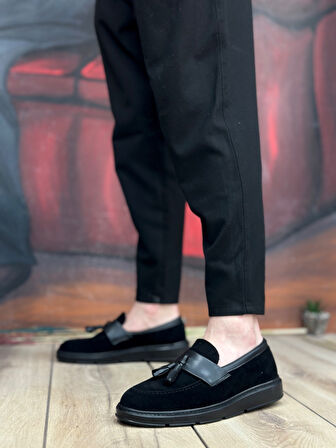 ET0005 Bağcıksız Yüksek Taban Siyah Kemerli Klasik Püsküllü Corcik Erkek Ayakkabı