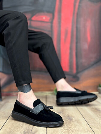 ET0005 Bağcıksız Yüksek Taban Siyah Kemerli Klasik Püsküllü Corcik Erkek Ayakkabı