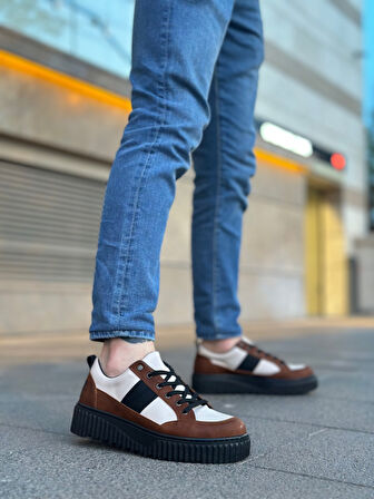 ET0804 Yüksek Siyah Taban Kahve Detaylı Bağcıklı Erkek Ayakkabı