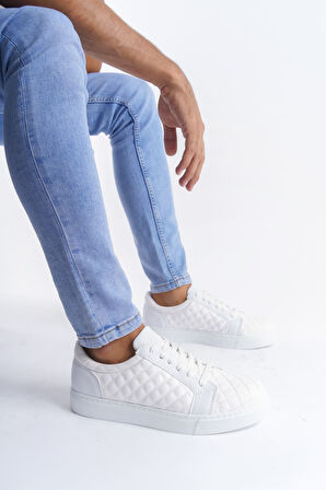 ET166 Prestige Bağcıklı Cilt Kapitone Desenli Erkek Günlük Sneaker Ayakkabı BT - Beyaz