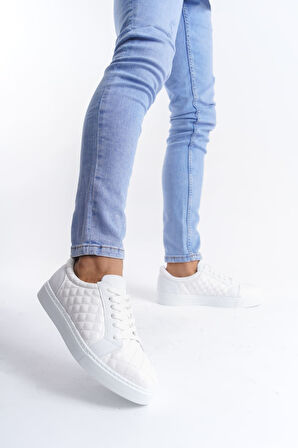 ET166 Prestige Bağcıklı Cilt Kapitone Desenli Erkek Günlük Sneaker Ayakkabı BT - Beyaz