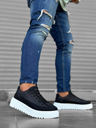 ET0801 Yüksek Taban Siyah Paraşüt Kumaş Cilt Detaylı Erkek Ayakkabı