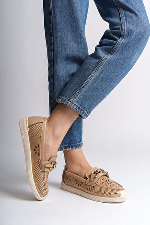 JET-LAYLA Bağcıksız Ortopedik Rahat Taban Çiçek Desenli Kadın Babet Ayakkabı  CKT - Ten