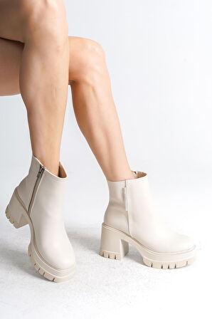 JET-LISSE Fermuarlı Ortopedik Taban Kalın Topuklu Kadın Bot CKT - Krem