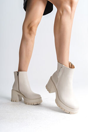 JET-LISSE Fermuarlı Ortopedik Taban Kalın Topuklu Kadın Bot CKT - Krem