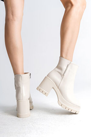 JET-LISSE Fermuarlı Ortopedik Taban Kalın Topuklu Kadın Bot CKT - Krem