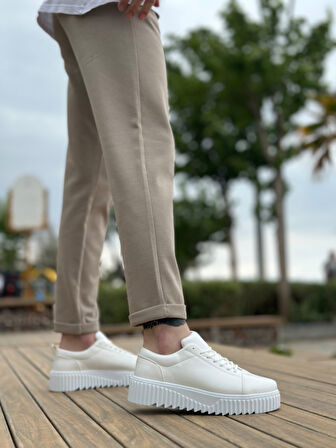 ET8104 Yüksek Taban Rugan Beyaz Bağcıklı Erkek Ayakkabı