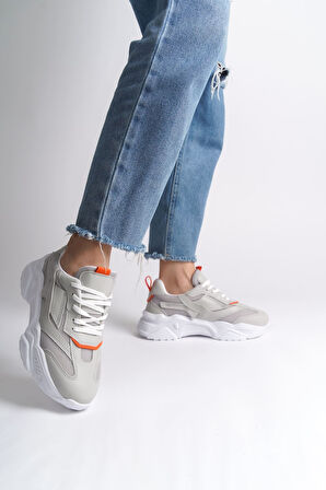 JET-TOKYO Bağcıklı Ortopedik Taban Triko Detaylı Kadın Spor Ayakkabı  TBT - Gri/Turuncu