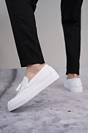 ET153 Bloom Bağcıksız Püsküllü Cilt Erkek Günlük Spor Klasik Ayakkabı BT - Beyaz