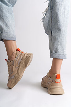 JET-TOKYO Bağcıklı Ortopedik Taban Triko Detaylı Kadın Spor Ayakkabı  TTT - Ten/Turuncu