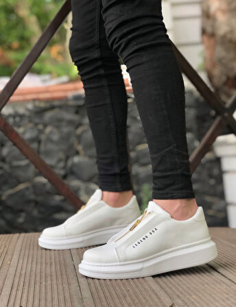 ET0310 Kalın Yüksek Taban Fermuarlı Beyaz Erkek Ayakkabı