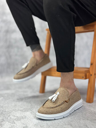 ET0005 Bağcıksız Yüksek Taban Klasik Keten Hardal Püsküllü Erkek Ayakkabı