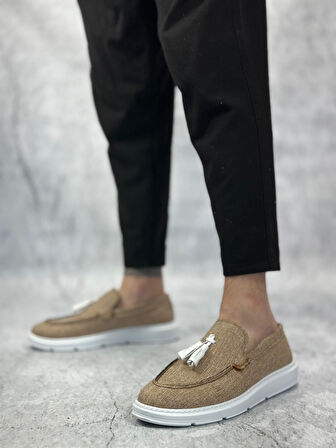 ET0005 Bağcıksız Yüksek Taban Klasik Keten Hardal Püsküllü Erkek Ayakkabı