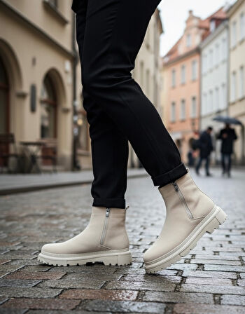 ET0777 Süet Bej Çift Fermuarlı Erkek Yarım Bilek Bot