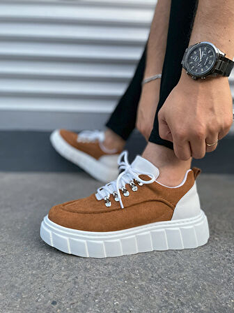 JET-010 Cloud Bağcıklı Süet Erkek Günlük Sneaker Ayakkabı SBT - Taba/Beyaz