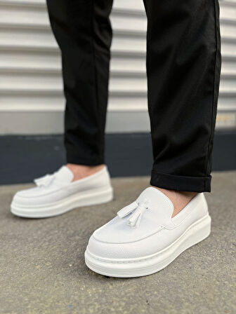 JET-154 Blaze Bağcıksız Püsküllü Cilt Erkek Günlük Spor Klasik Ayakkabı CBT - Beyaz