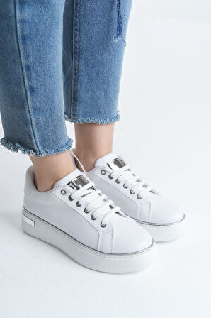 JET-MINA Bağcıklı Ortopedik Taban Kadın Sneaker Spor Ayakkabı  CBT - Beyaz/Gümüş