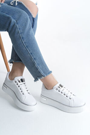 JET-MINA Bağcıklı Ortopedik Taban Kadın Sneaker Spor Ayakkabı  CBT - Beyaz/Gümüş