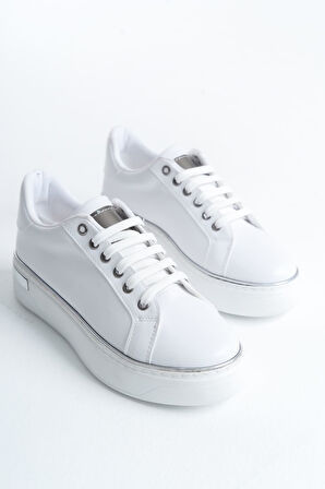 JET-MINA Bağcıklı Ortopedik Taban Kadın Sneaker Spor Ayakkabı  CBT - Beyaz/Gümüş