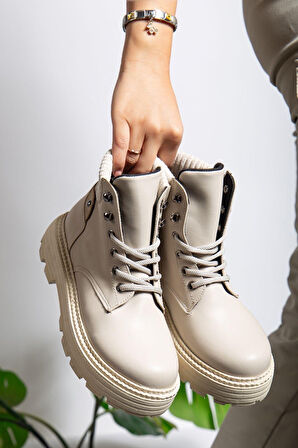 ET-ZNN-Krem Cilt Bağcıklı Yüksek Taban Kadın Bot