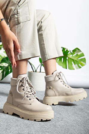 ET-ZNN-Krem Cilt Bağcıklı Yüksek Taban Kadın Bot