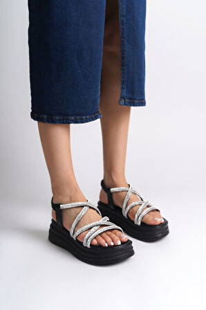 JET-ELENA Lastikli Taşlı Şeritli Ortopedik Taban Kadın Sandalet CST - Siyah