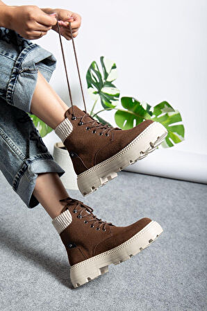 ET-ZNN-Kahve Süet Bağcıklı Yüksek Taban Kadın Bot