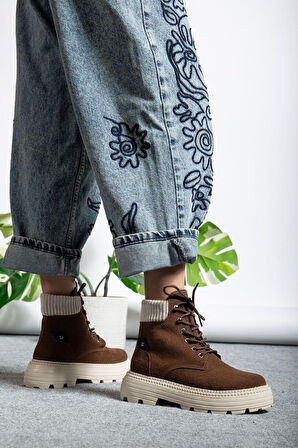 ET-ZNN-Kahve Süet Bağcıklı Yüksek Taban Kadın Bot