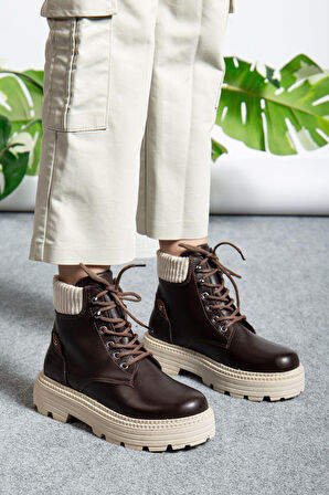 ET-ZNN-Cilt Kahve Bağcıklı Yüksek Taban Kadın Bot