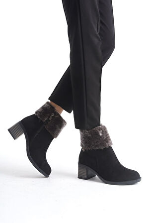 JET-KATYA Fermuarlı Ortopedik Taban Topuklu Kürk Detaylı Süet Kadın Bot  SST - Siyah