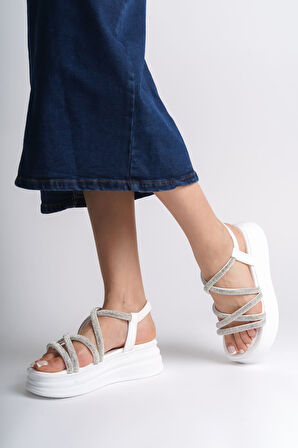 JET-ELENA Lastikli Taşlı Şeritli Ortopedik Taban Kadın Sandalet  CBT - Beyaz