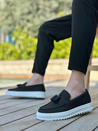 ET0154  Bağcıksız Yüksek Taban Keten Siyah Renk Püsküllü Erkek Ayakkabı