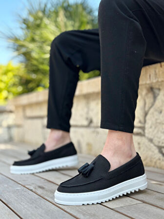 ET0154  Bağcıksız Yüksek Taban Keten Siyah Renk Püsküllü Erkek Ayakkabı