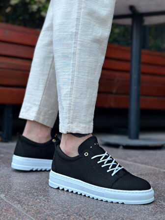 ET0152 Bağcıklı Yüksek Taban Siyah Keten Erkek Ayakkabı