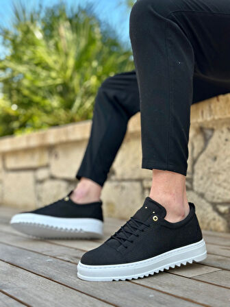 ET0152 Bağcıklı Yüksek Taban Siyah Keten Erkek Ayakkabı