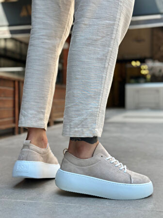 ET11 Bağcıklı Erkek Yüksek Taban İthal Süet Krem Spor Ayakkabı