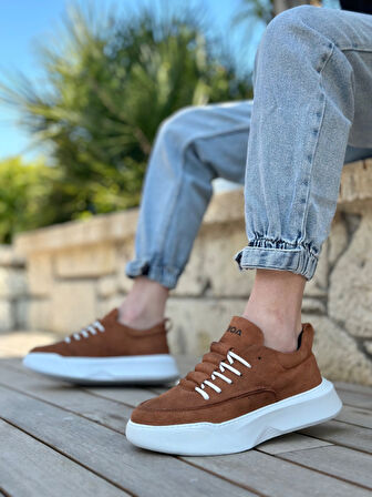 ET0332 Merdiven Desen Bağcıklı Erkek Yüksek Taban Taba Süet Beyaz Taban Spor Ayakkabı